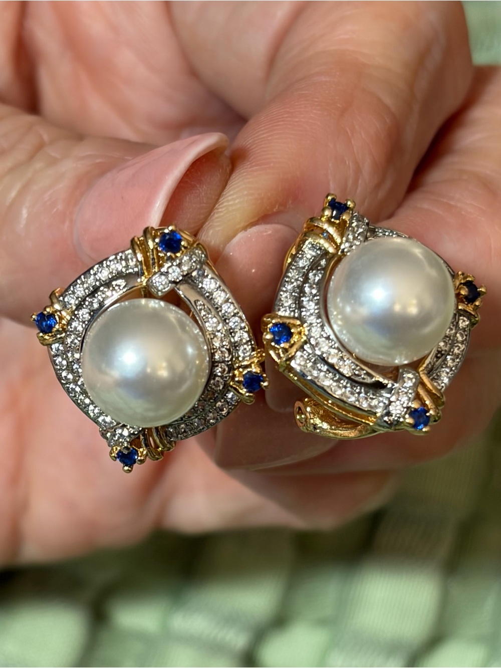 Pearl Blue Crystal Two Tone Statement Pierced Earrings
